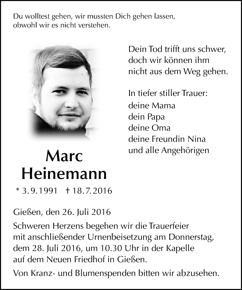  Traueranzeige für Marc Heinemann vom 26.07.2016 aus  Gießener Anzeiger