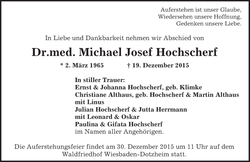  Traueranzeige für Michael Josef Hochscherf vom 29.12.2015 aus  Wiesbaden komplett