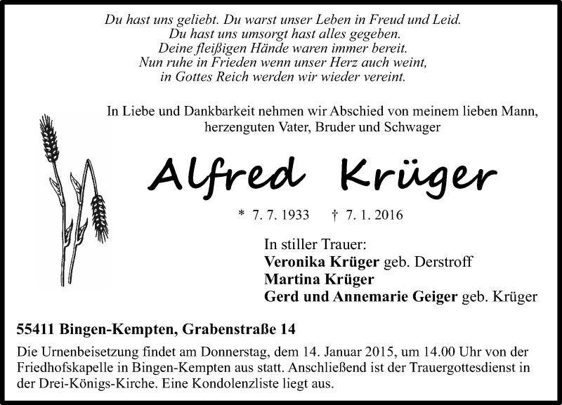  Traueranzeige für Alfred Krüger vom 09.01.2016 aus  Allgemeine  Zeitung Ingelheim-Bingen