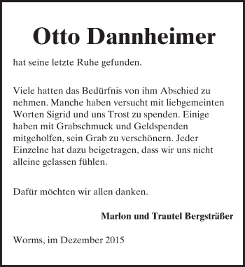 Traueranzeige von Otto Dannheimer von  Wormser Zeitung