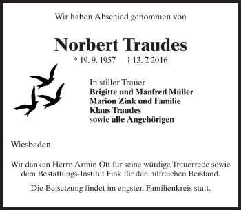Traueranzeige von Norbert Traudes von Trauerportal Rhein Main Presse