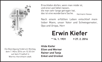 Traueranzeige von Erwin Kiefer von  Wormser Zeitung