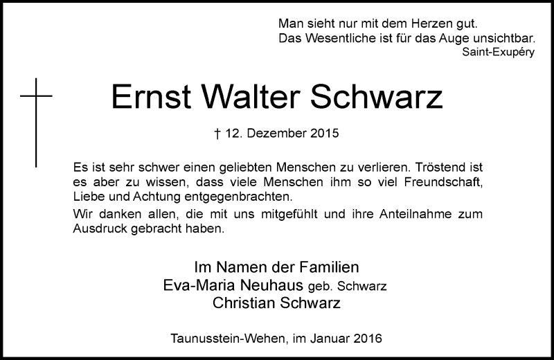  Traueranzeige für Ernst Walter Schwarz vom 16.01.2016 aus  Wiesbaden komplett