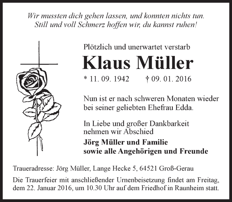  Traueranzeige für Klaus Müller vom 16.01.2016 aus  Mainspitze