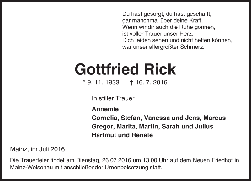  Traueranzeige für Gottfried Rick vom 23.07.2016 aus Trauerportal Rhein Main Presse