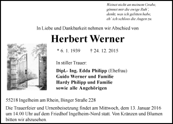 Traueranzeige von Herbert Werner von  Allgemeine  Zeitung Ingelheim-Bingen