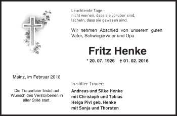 Traueranzeige von Fritz Henke von  Allgemeine Zeitung Mainz