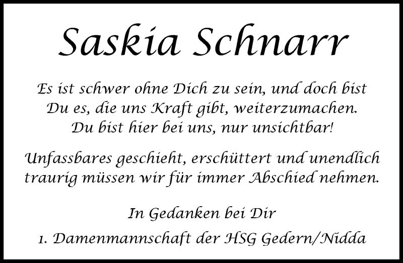  Traueranzeige für Saskia Schnarr vom 30.01.2016 aus  Kreisanzeiger