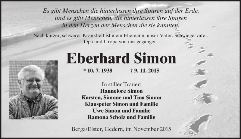  Traueranzeige für Eberhard Simon vom 14.11.2015 aus  Sonntags Anzeiger