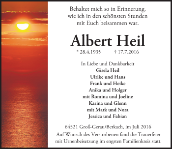 Traueranzeige von Albert Heil von Trauerportal Echo Online