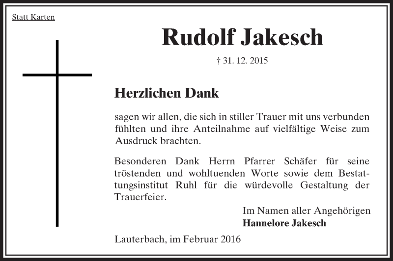  Traueranzeige für Rudolf Jakesch vom 06.02.2016 aus  OK Oberhessen Kurier