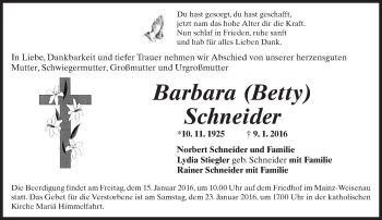 Traueranzeige von Barbara Schneider von  Allgemeine Zeitung Mainz