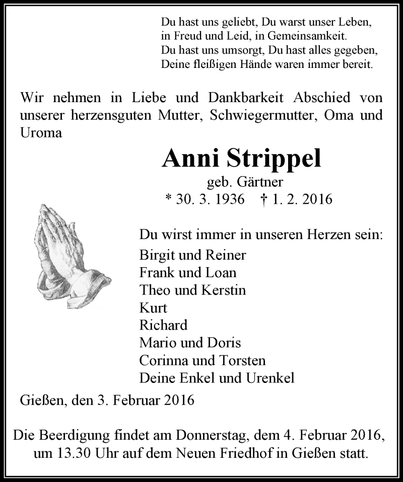  Traueranzeige für Anni Strippel vom 03.02.2016 aus  Gießener Anzeiger