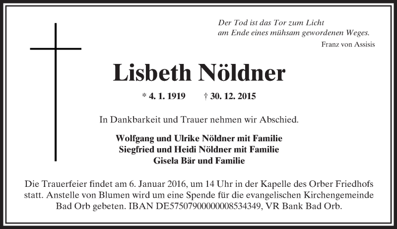  Traueranzeige für Lisbeth Nöldner vom 04.01.2016 aus  Gelnhäuser Tageblatt