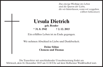 Traueranzeige von Ursula Dietrich von  Hofheimer Zeitung
