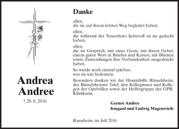 Traueranzeige von Andrea Andree von Trauerportal Rhein Main Presse