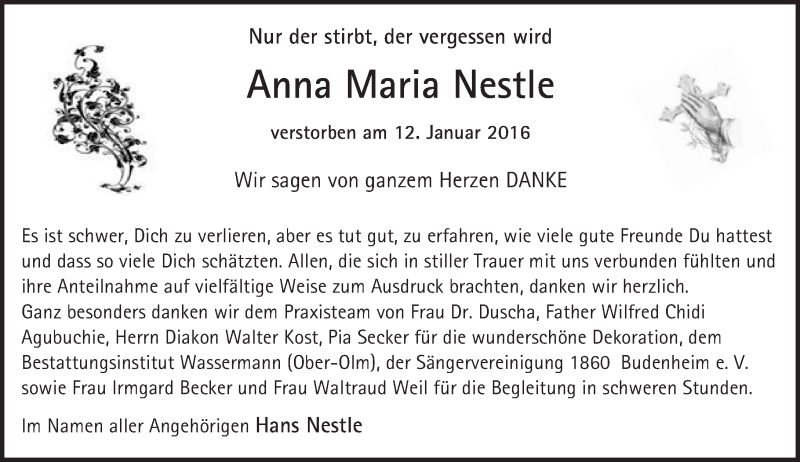  Traueranzeige für Anna Maria Nestle vom 06.02.2016 aus  Allgemeine Zeitung Mainz