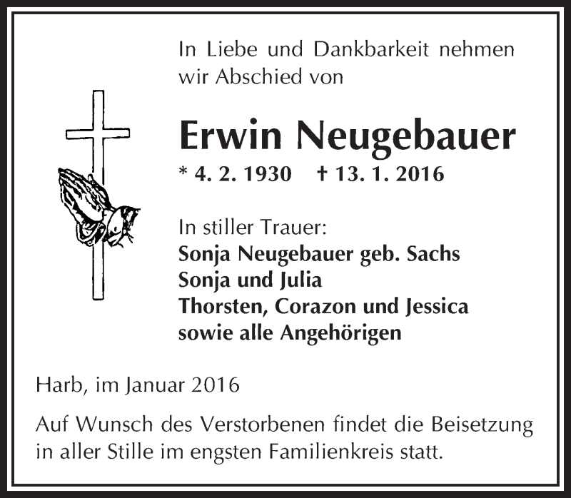  Traueranzeige für Erwin Neugebauer vom 16.01.2016 aus  Kreisanzeiger