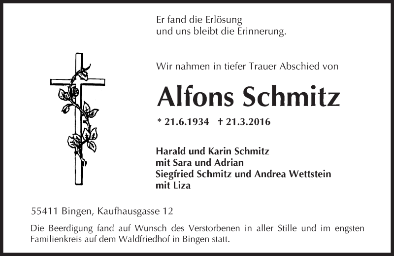  Traueranzeige für Alfons Schmitz vom 09.04.2016 aus  Allgemeine  Zeitung Ingelheim-Bingen