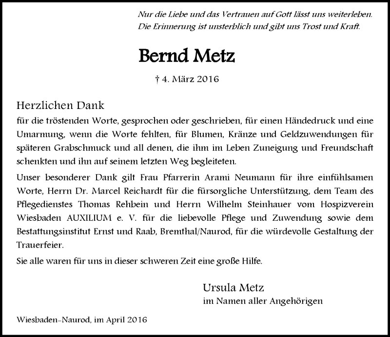  Traueranzeige für Bernd Metz vom 02.04.2016 aus  Wiesbaden komplett