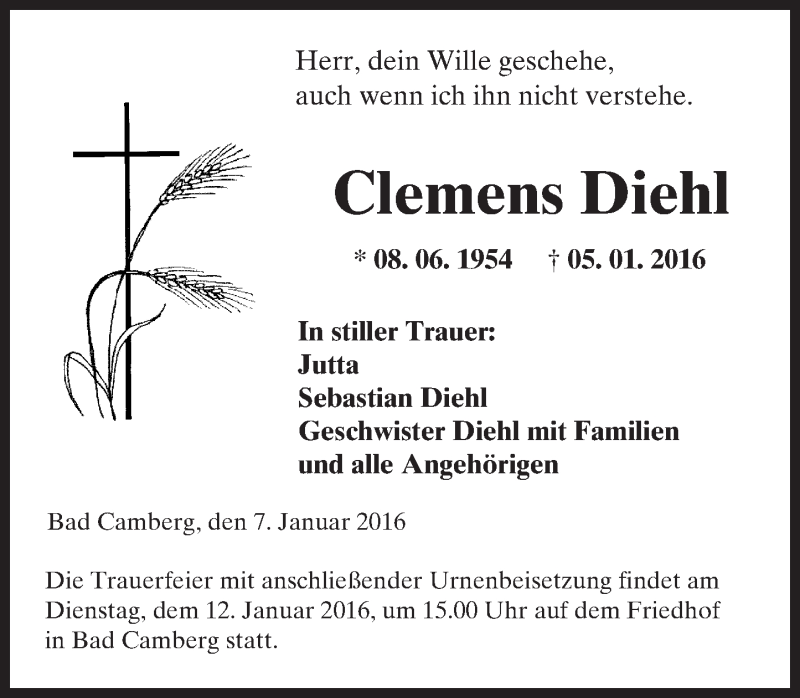  Traueranzeige für Clemens Diehl vom 07.01.2016 aus  Camberger Anzeiger