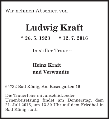 Traueranzeige von Ludwig Kraft von Trauerportal Echo Online