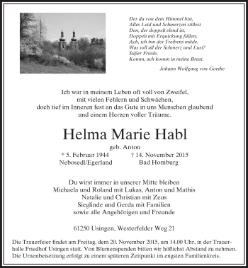 Traueranzeige von Helma Marie Habl von  Usinger Anzeiger