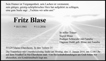 Traueranzeige von Fritz Blase von  Allgemeine Zeitung Mainz