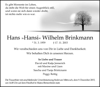 Traueranzeige von Hans Wilhelm Brinkmann von  Allgemeine Zeitung Mainz