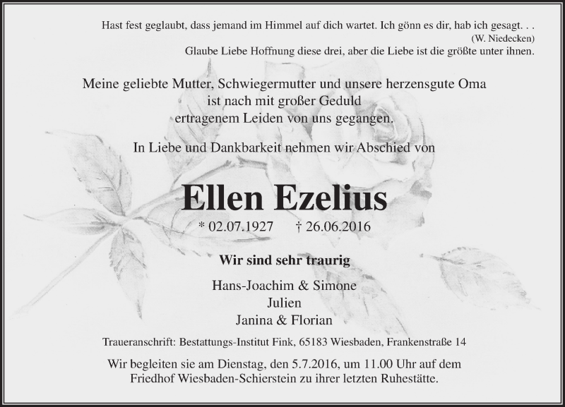  Traueranzeige für Ellen Ezelius vom 02.07.2016 aus Trauerportal Rhein Main Presse