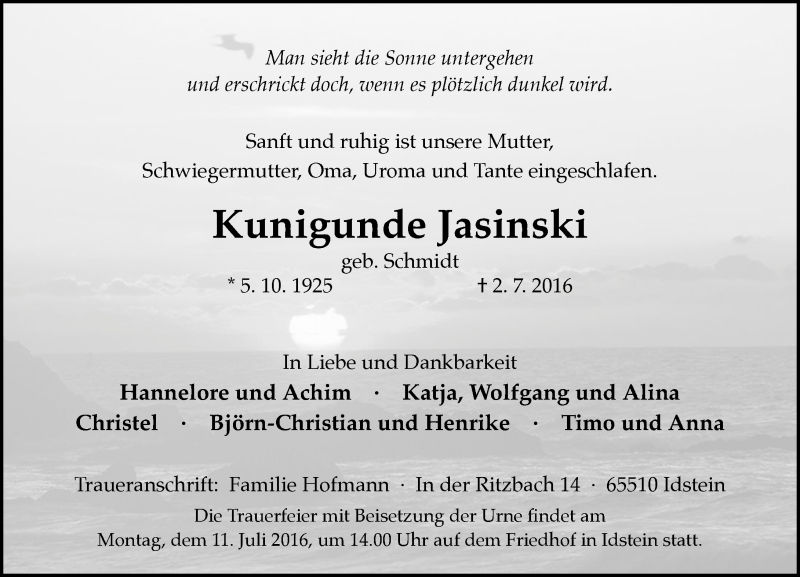  Traueranzeige für Kunigunde Jasinski vom 06.07.2016 aus Trauerportal Rhein Main Presse