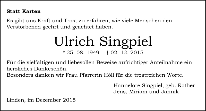  Traueranzeige für Ulrich Singpiel vom 21.12.2015 aus  Gießener Anzeiger