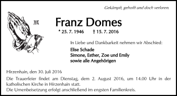 Traueranzeige von Franz Domes von  Kreisanzeiger