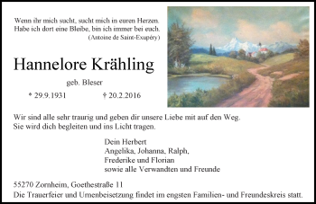 Traueranzeige von Hannelore Krähling von  Allgemeine Zeitung Mainz