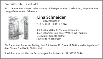 Traueranzeige von Lina Schneider von  Gießener Anzeiger