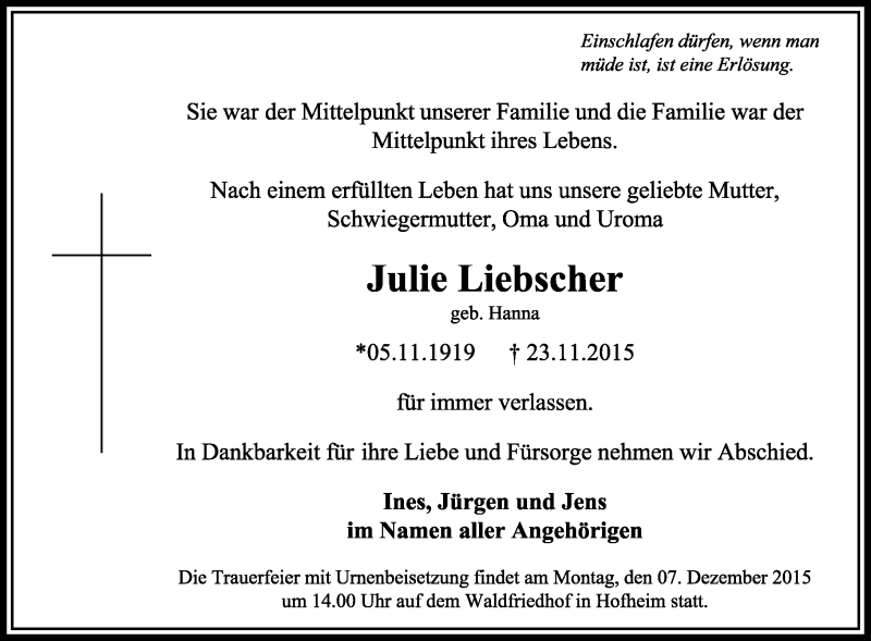  Traueranzeige für Julie Liebscher vom 01.12.2015 aus  Hofheimer Zeitung