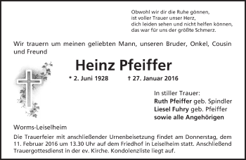 Traueranzeige von Heinz Pfeiffer von  Wormser Zeitung