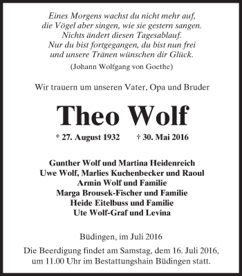 Traueranzeige von Theo Wolf von  Kreisanzeiger