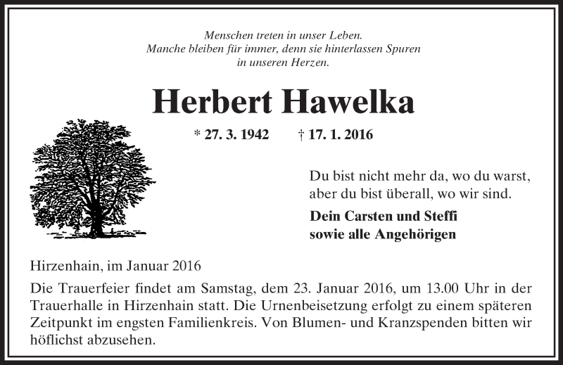  Traueranzeige für Herbert Hawelka vom 21.01.2016 aus  Kreisanzeiger