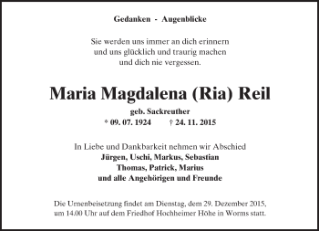 Traueranzeige von Maria Magdalena  Reil von  Wormser Zeitung