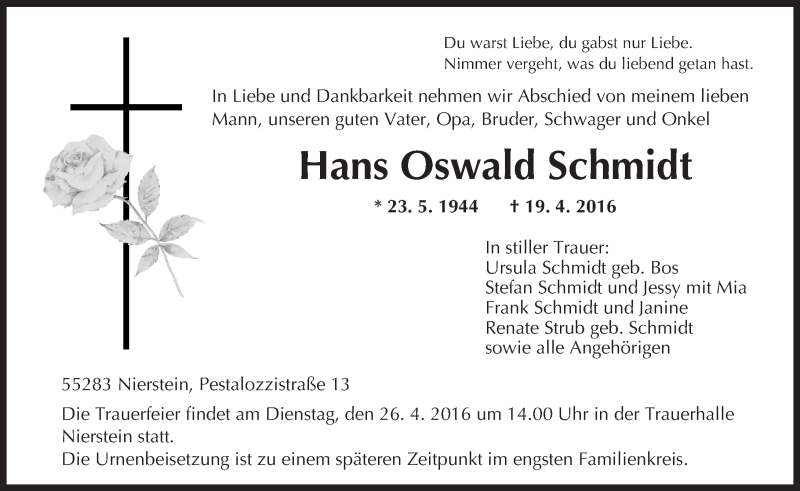  Traueranzeige für Hans Oswald Schmidt vom 21.04.2016 aus  Landskrone