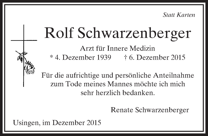  Traueranzeige für Rolf Schwarzenberger vom 16.12.2015 aus  Usinger Anzeiger