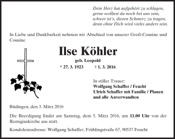 Traueranzeige von Ilse Köhler von  Kreisanzeiger