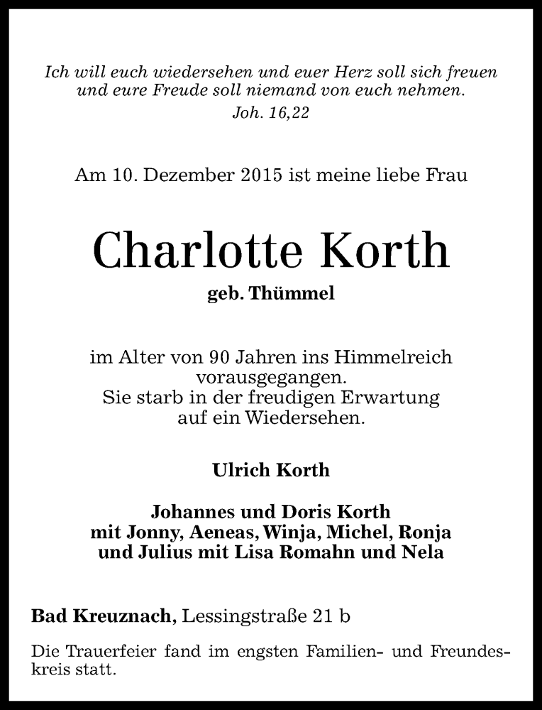  Traueranzeige für Charlotte Korth vom 19.12.2015 aus  Allg. Zeitung Bad Kreuznach