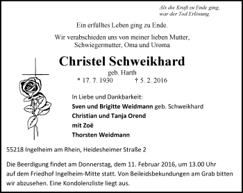 Traueranzeige von Christel Schweikhard von  Allgemeine  Zeitung Ingelheim-Bingen