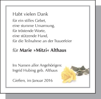 Traueranzeige von Marie Althaus von  Gießener Anzeiger