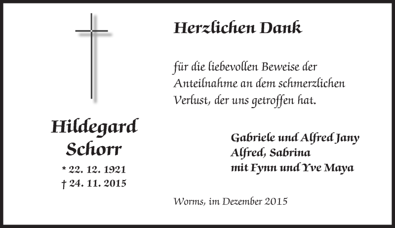  Traueranzeige für Hildegard Schorr vom 05.12.2015 aus  Wormser Zeitung