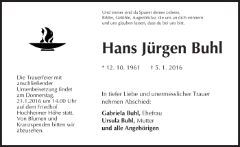 Traueranzeige von Hans Jürgen Buhl von  Wormser Zeitung