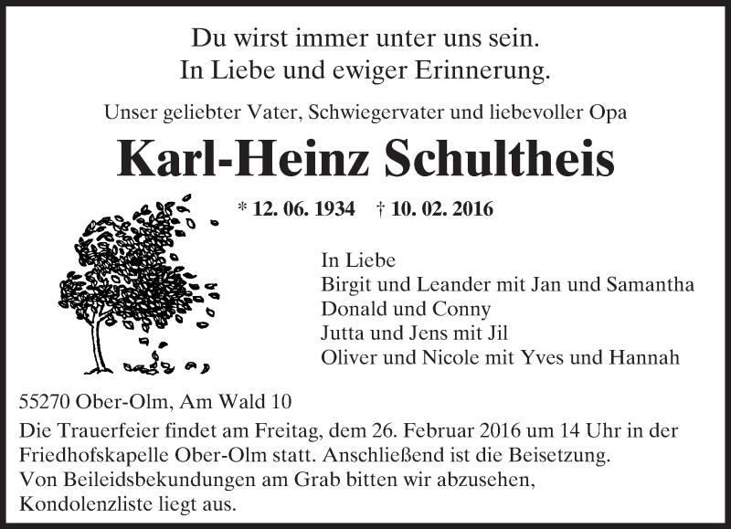 Traueranzeige für Karl-Heinz Schultheis vom 20.02.2016 aus  Allgemeine Zeitung Mainz
