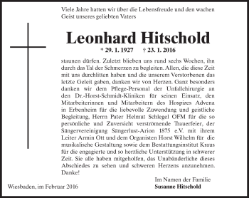 Traueranzeige von Leonhard Hitschold von  Wiesbaden komplett